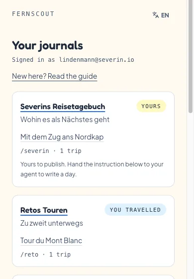 The front page after signing in, listing two journals with badges reading "Yours" and "You travelled".