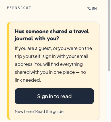 The front page on a phone: a card headed "Has someone shared a travel journal with you?" with a "Sign in to read" button.