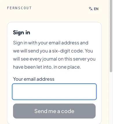 The sign-in card asking for an email address, with a "Send me a code" button.