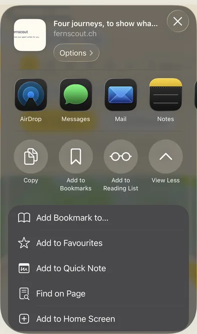 The sharing panel, scrolled down to a list ending in Add to Home Screen.