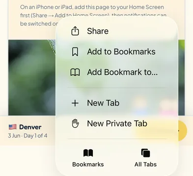 The Safari menu, with Share as its first entry above Add to Bookmarks.